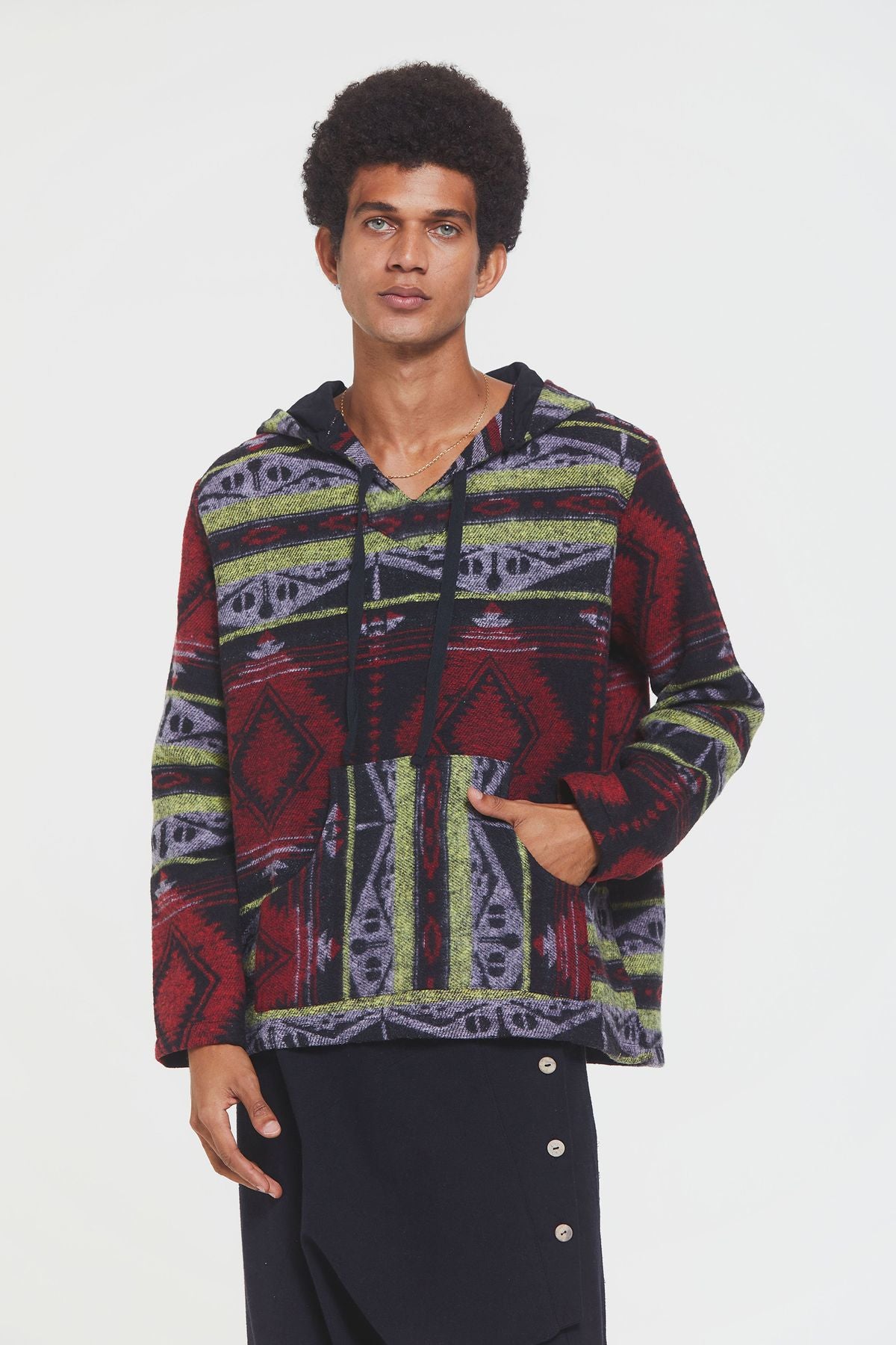 Etnik Desenli Kapüşonlu Sweatshirt Bordo
