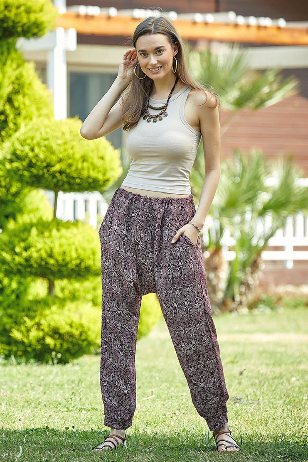 Bağcıklı Etnik Desenli Bohem Şalvar Pantolon Bordo