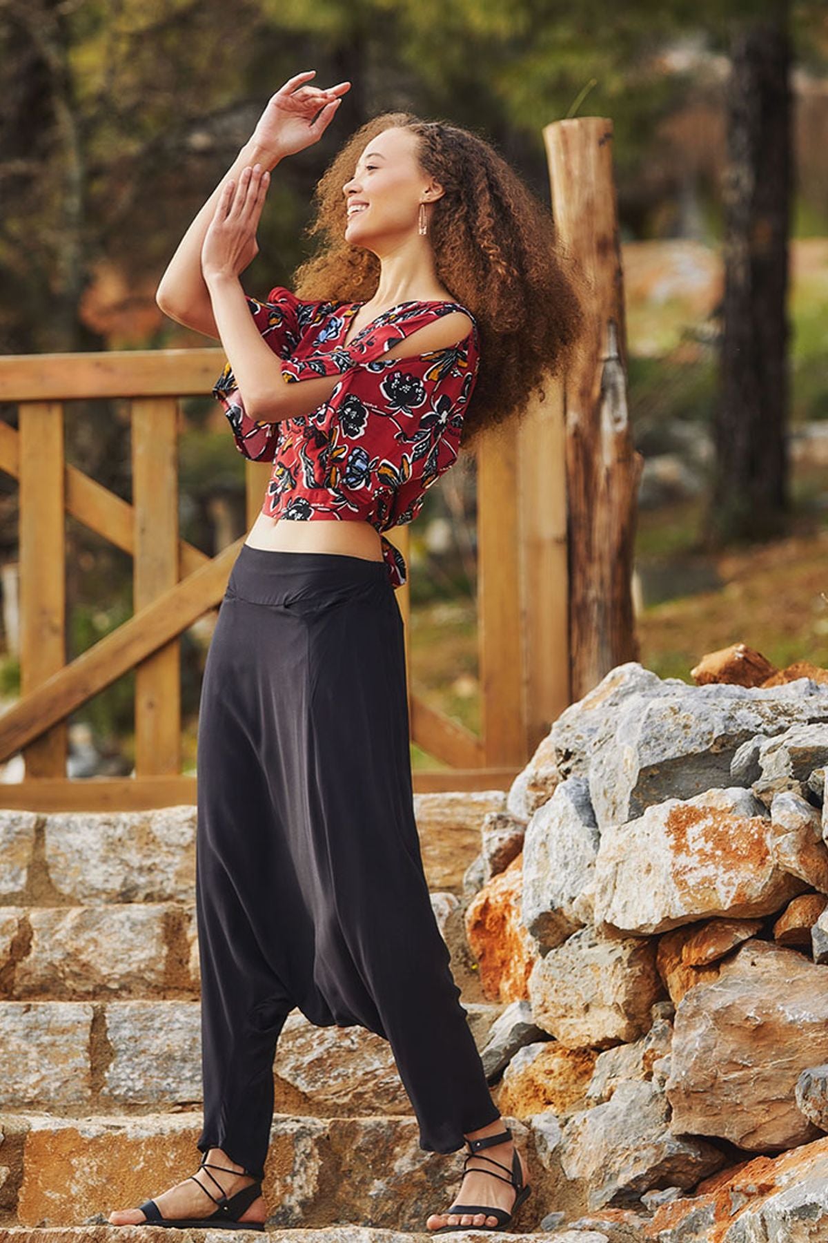 Bohem Beli Lastikli Şalvar Pantolon Siyah