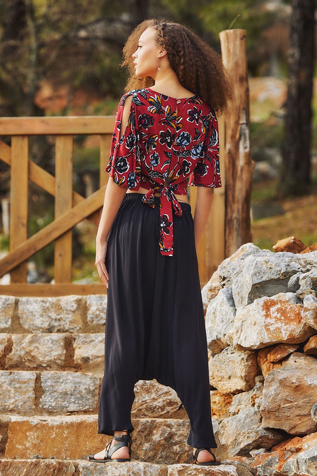 Bohem Beli Lastikli Şalvar Pantolon Siyah