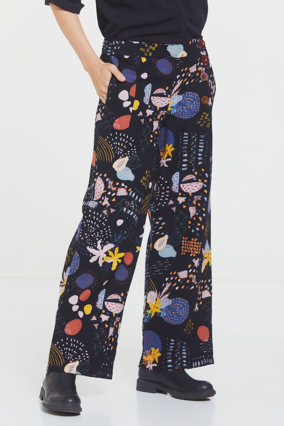 Düğme Detaylı Bohem Geniş Paça Pantolon Multi
