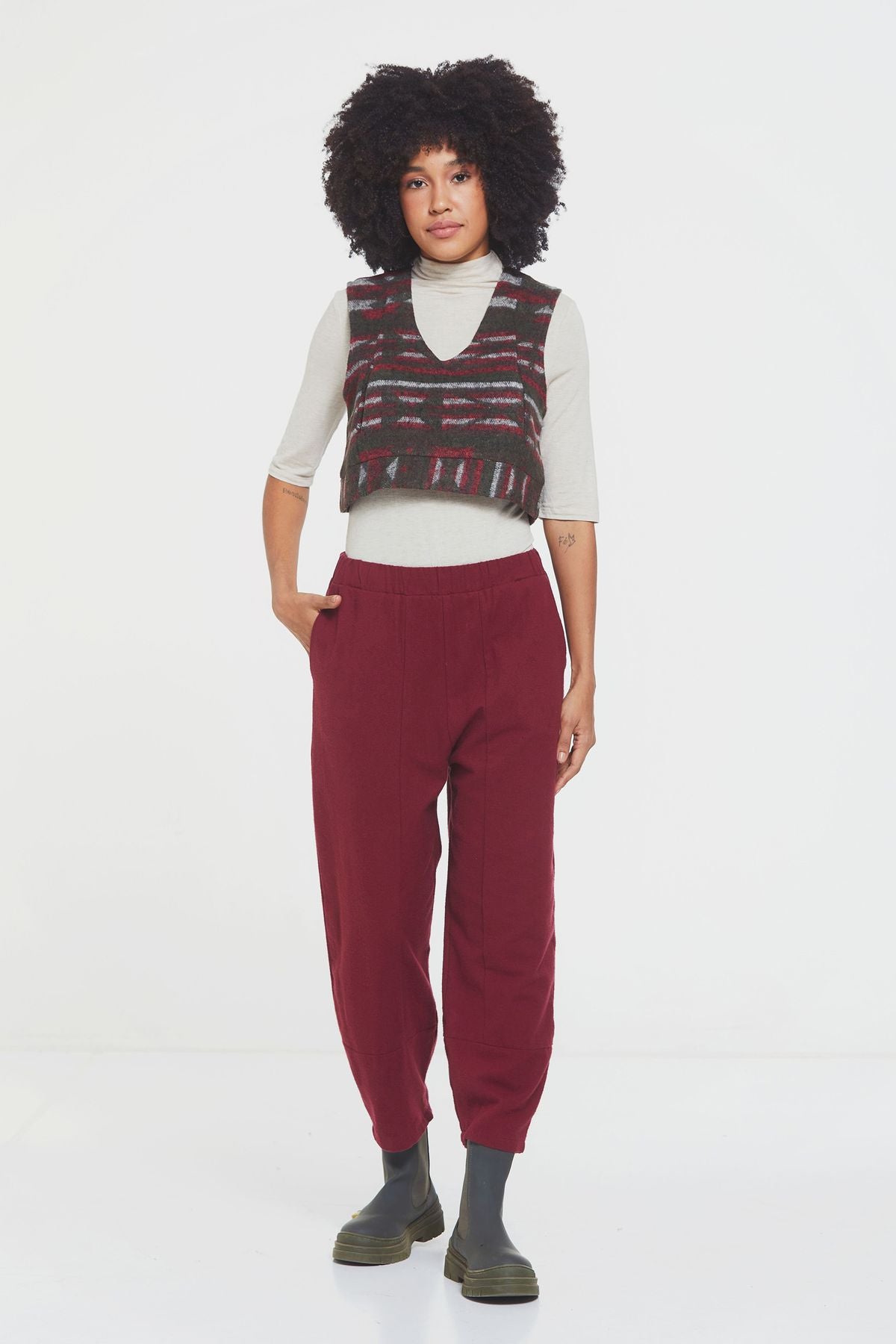Lastikli Rahat Kesim Bohem Pantolon Bordo