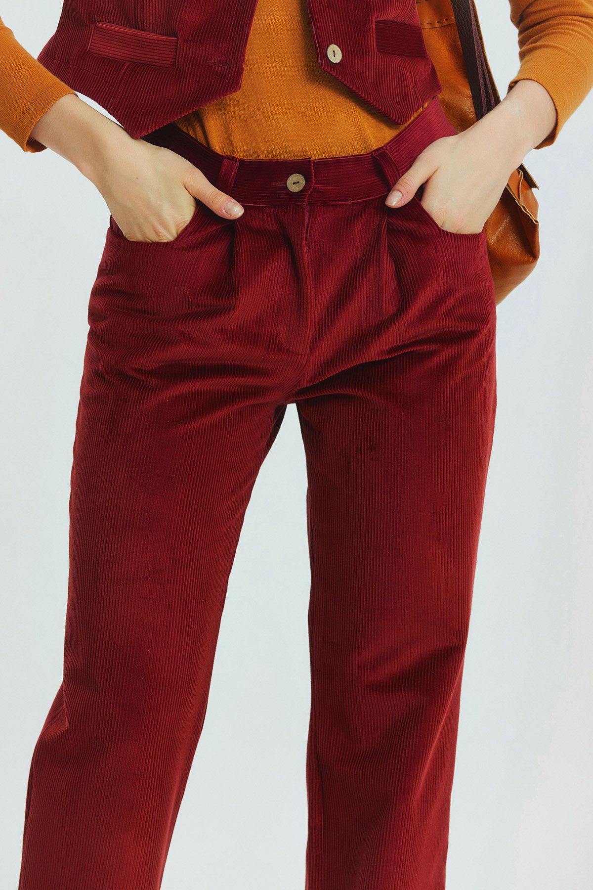Bohem Tarz Fitilli Kadife Pantolon Bordo